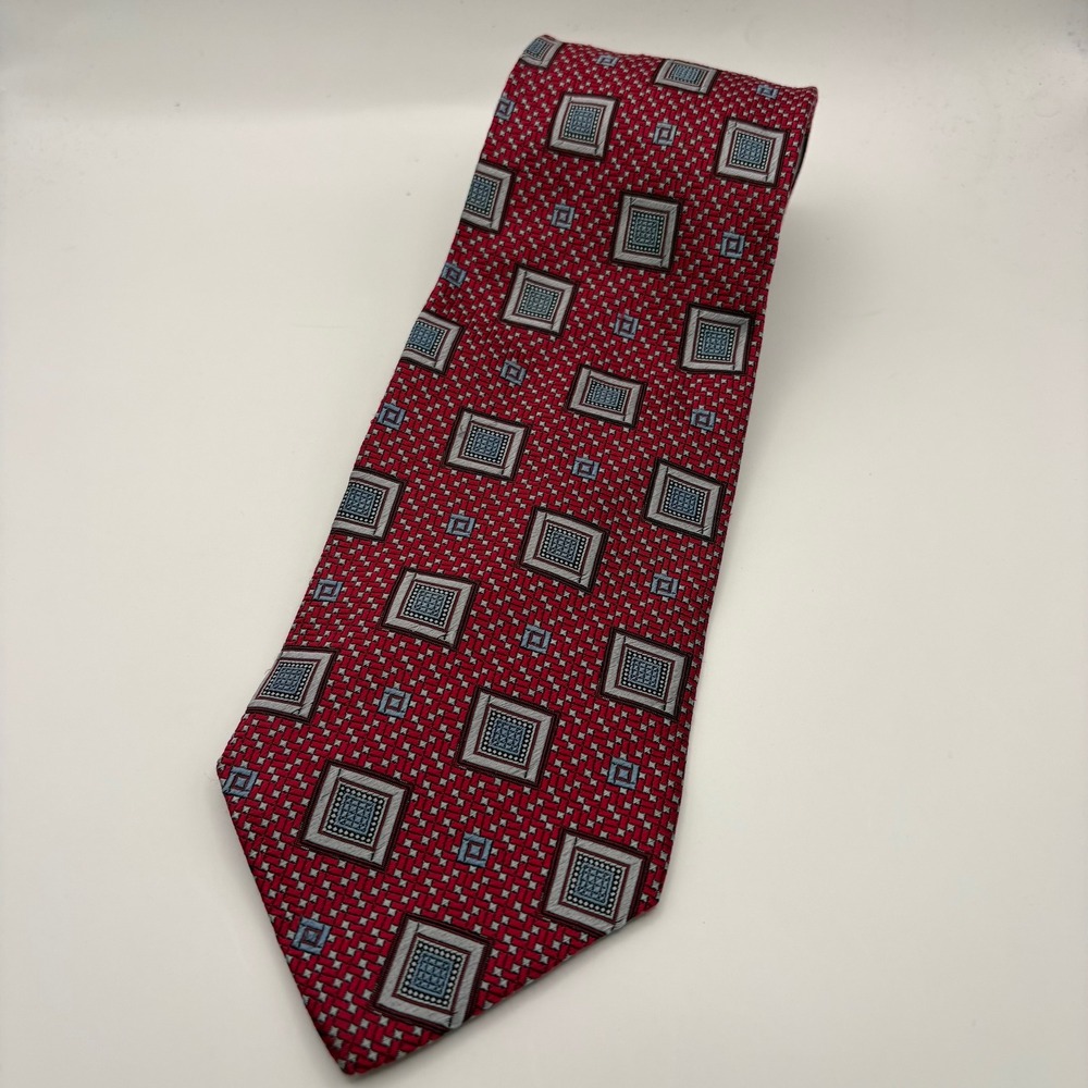 Jos. A. Bank Signature Collection Red Geometric 100% Silk Tie Hand Sewn Italy XL